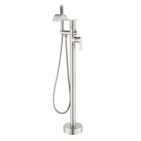 2-Handle Waterfall Freestanding Tub Faucet with Hand Shower Brass Single Hole Floor Mount Tub Fillers in Brushed Nickel