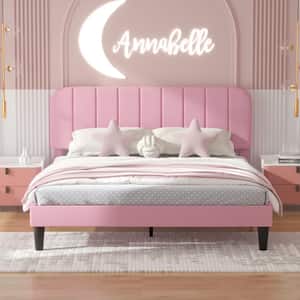 Upholstered Bed Frame, Queen Platform Bed Frame with Adjustable Headboard, Strong Wooden Slats Support, Pink