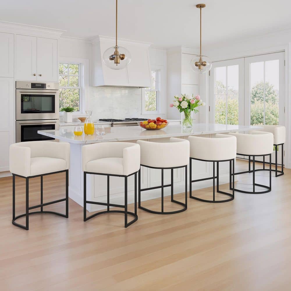 32.5 in H Beige and Black Bar Stool Low Back Metal Frame Kitchen Counter Chair with Chenille Seat Set of 6