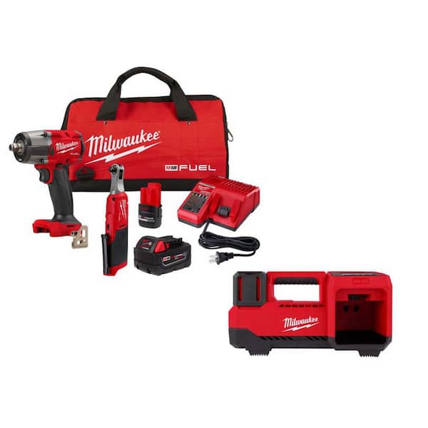 M18 FUEL 18V Cordless Mid Torque 1/2 in. Impact Wrench w/ M12 FUEL 3/8 in Ratchet & Battery/Charger Combo Kit & Inflator
