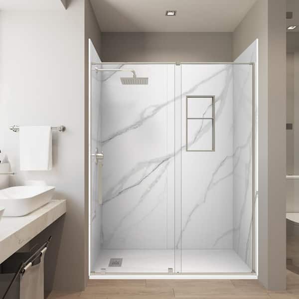 Calcutta White 36x60x 84in. Combo Solid Composite Stone Alcove Shower Kit Matching Brushed Nickel Door, Niche, and Drain