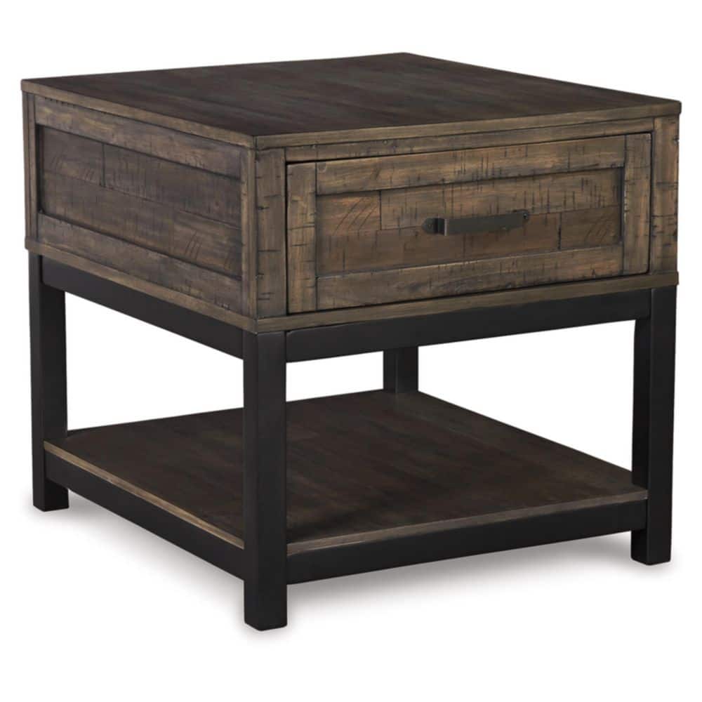 Rustic Brown and Black Rectangular Wood End Table with Storage