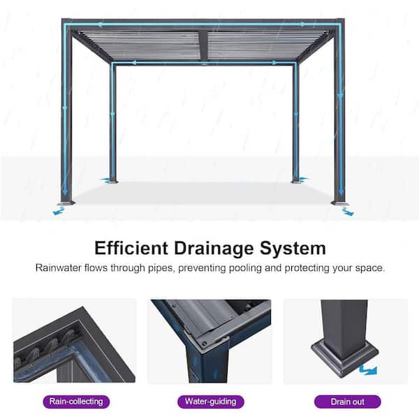 10.2 ft. x 12.3 ft. Gray Aluminum Outdoor Louvered Pergola with 2-Individual Adjustable Roofs and In-Built Gutter System