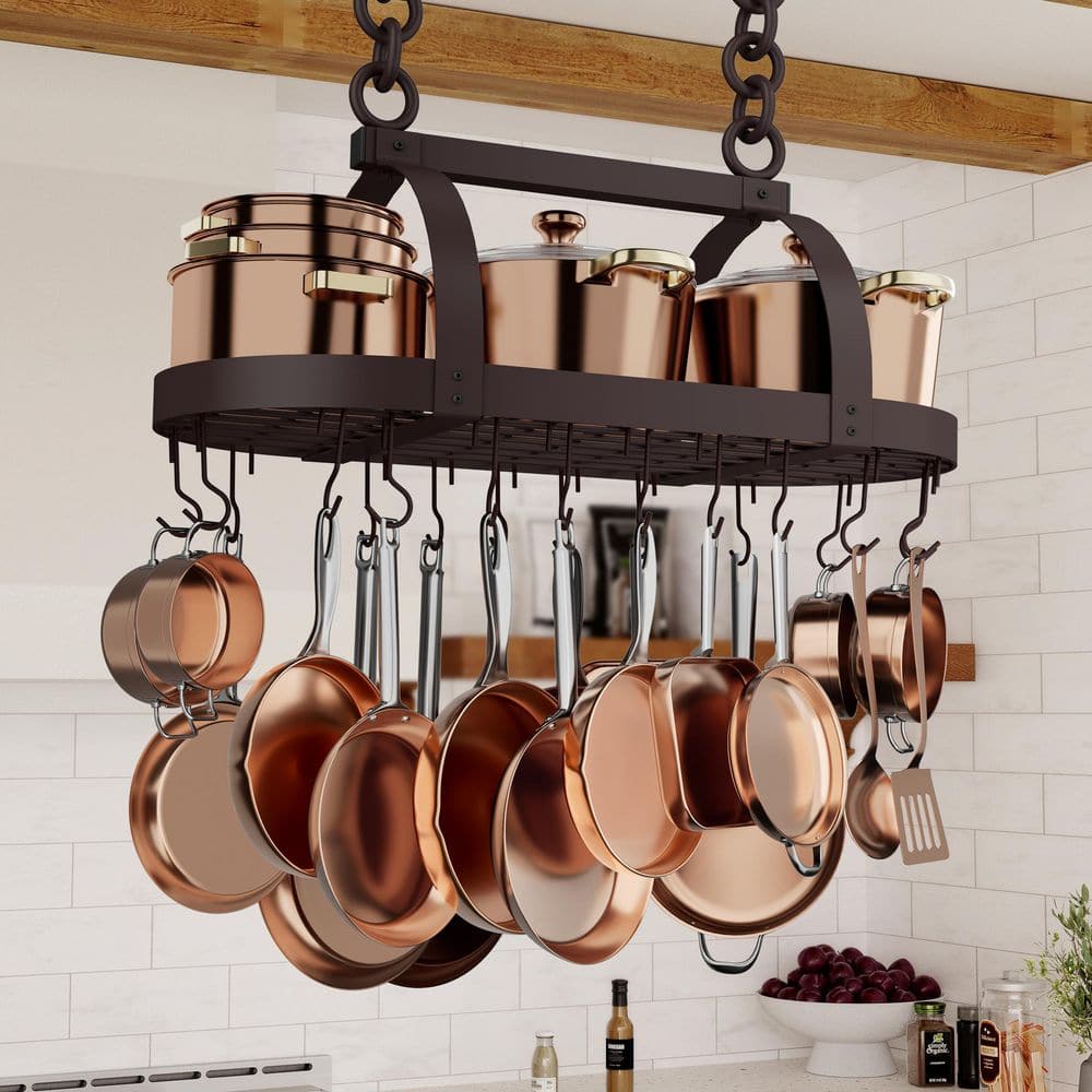 KES Oiled Bronze Oval Hanging Ceiling Pot Rack for Kitchen with 20