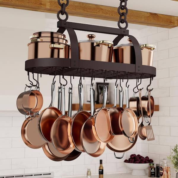 Oiled Bronze Oval Hanging Ceiling Pot Rack for Kitchen with 20 S Hooks