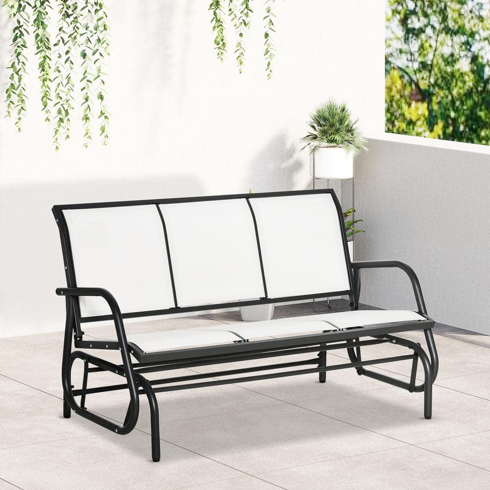 Cream White Metal Frame 3-Seater Outdoor Glider Bench