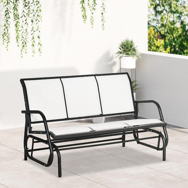 Outsunny 59.5 in. Depot Gray Patio Outdoor Glider 84B-531CW Fabric Bench, - Breathable White The 3-Person Home Mesh Metal Cream