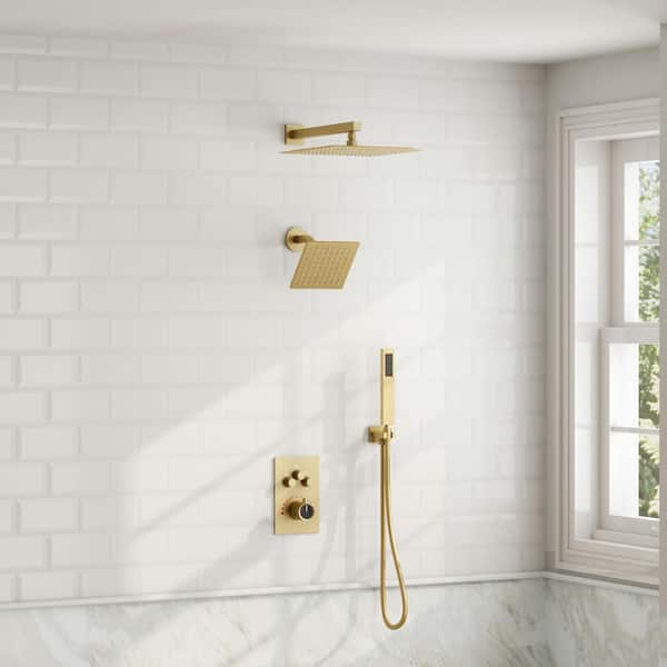 Multiple Press 12 in. Triple Handle 7-Spray Shower Faucet 2.5 GPM with Anti Scald in. Brushed Gold Valve Included