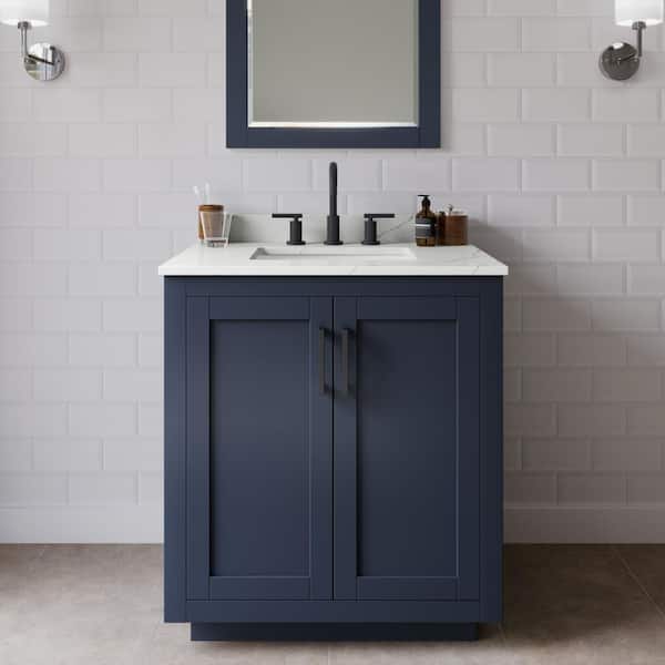 Wyndham Collection Miranda 30 in. W x 22 in. D x 33.75 in. H Single Bath Vanity in Dark Blue with Giotto Quartz Top and 24 in. Mirror