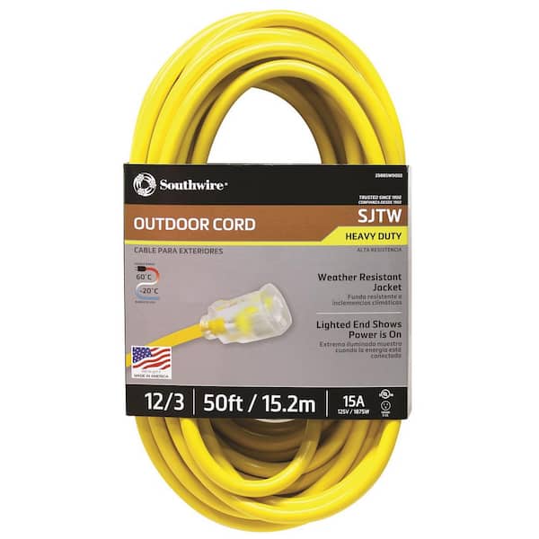 MADE IN USA 100' 12 Gauge Yellow Heavy Duty Cord with Lighted Triple Outlet 