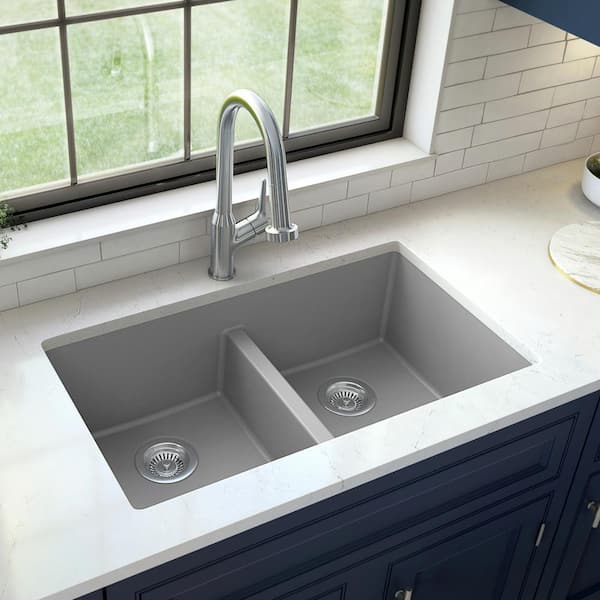 Karran Quartz Grey 32 in. 50/50 Double Bowl Composite Undermount Kitchen Sink