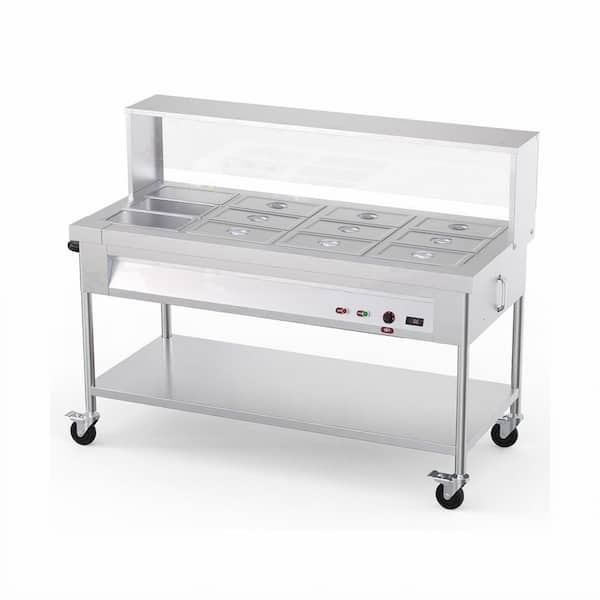 96 qt. Stainless Steel Buffet Server with 12 Crocks, 1500W Electric Steam Table with Acrylic Shield, Undershelf & Wheels