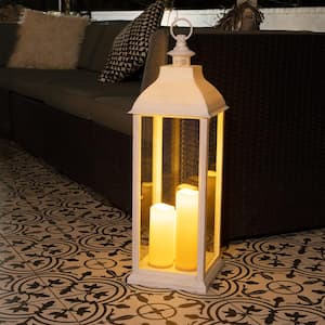 28 in. Tall Outdoor Battery-Operated Lantern with LED Lights, White