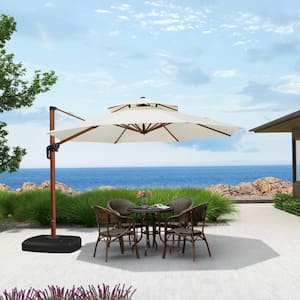 11 ft. Octagon High-Quality Wood Pattern Aluminum Cantilever Polyester Patio Umbrella with Wheels Base, Cream
