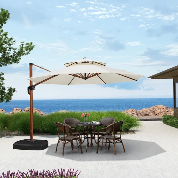 PURPLE LEAF 11 ft. Octagon High-Quality Wood Pattern Aluminum Cantilever Polyester Patio Umbrella with Wheels Base, Cream