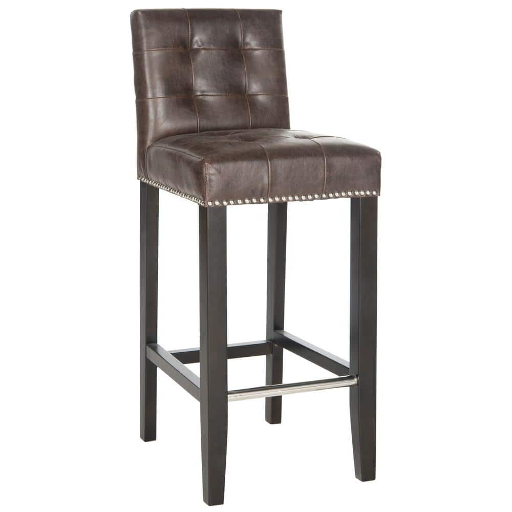 Espresso Birch Wood & Antique Brown Leather Bar Stool with Nailhead Trim