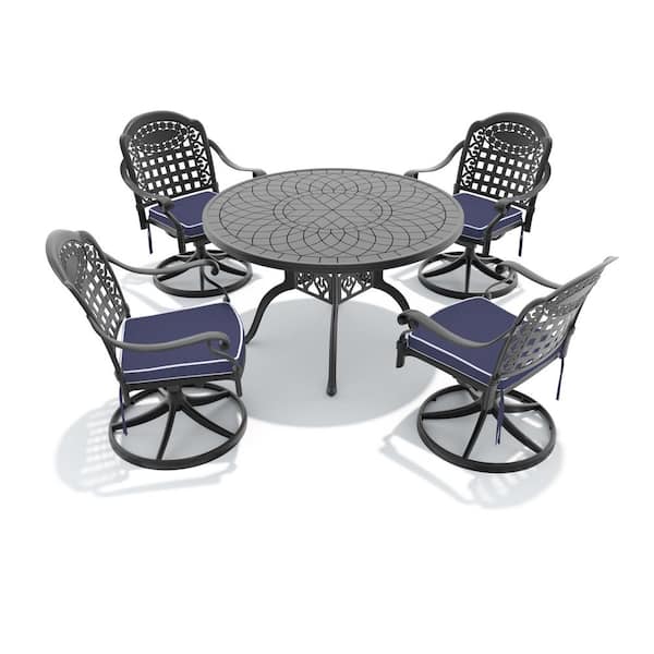 5-Piece Black Cast Aluminum Patio Outdoor Dining Set with Round Table and 4 Swivel Chairs with Blue Cushions