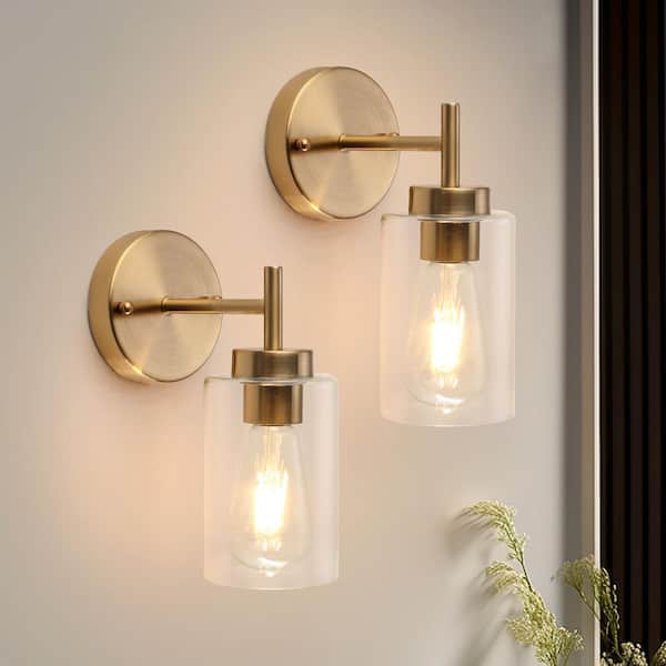 2-Pack 7.4 in. 1-Light Brass Modern Wall Sconce with Clear Glass Shade for Living Room Bedroom Entry Hallway