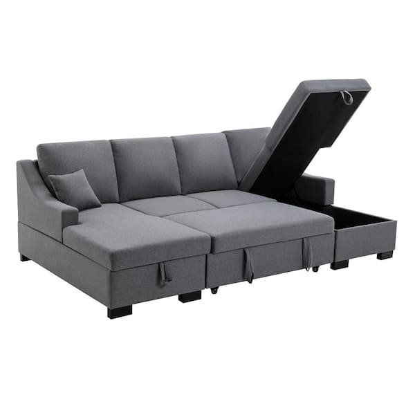Angel Sar 103.5 in. W 3-Piece Linen Pull Out Sectional Sleeper Sofa in Gray with Storage Chaise, 2-Tossing Cushions
