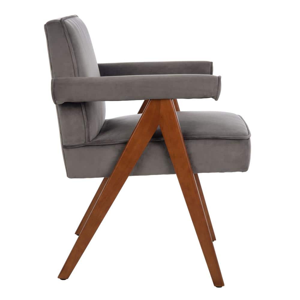Dark Grey Velvet and Walnut Mid-Century Accent Chair