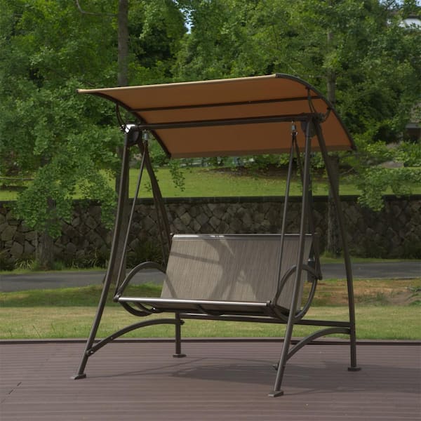 Aero 2-Person Outdoor Metal Patio Swing with Adjustable Canopy and Durable Steel Frame in Dark Brown for Garden, Deck