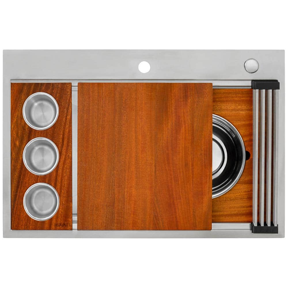40-Inch Stainless Steel Workstation Sink with Three Bowls and Wood Platform