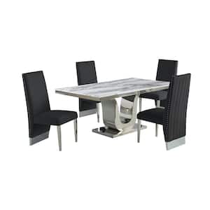 Ada 5-Piece White Marble Top With Stainless Steel Base Table Set With 4 Black Velvet, Nail Head Trim Chairs