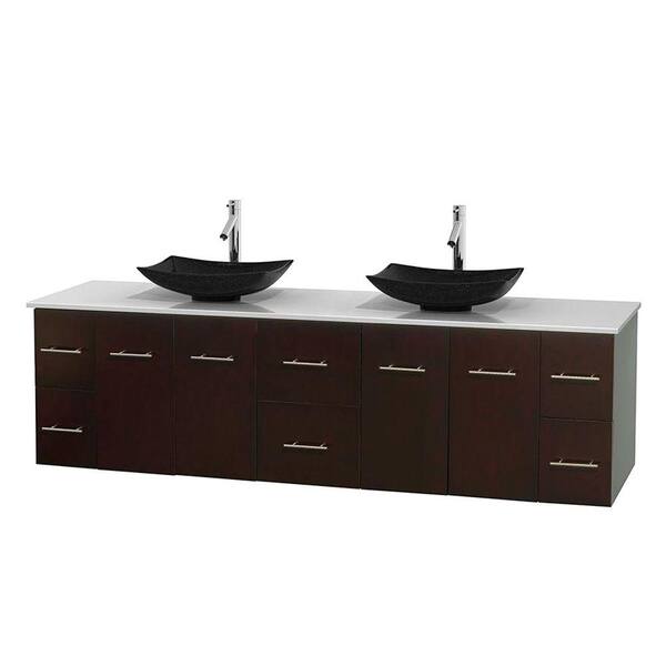 Wyndham Collection Centra 80 in. Double Vanity in Espresso with Solid-Surface Vanity Top in White and Black Granite Sinks