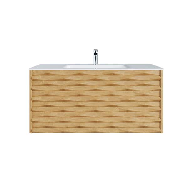 Eviva Oahu 44 in. Single Sink Floating Oak Bath Vanity with White Solid Surface Top (Assembled)