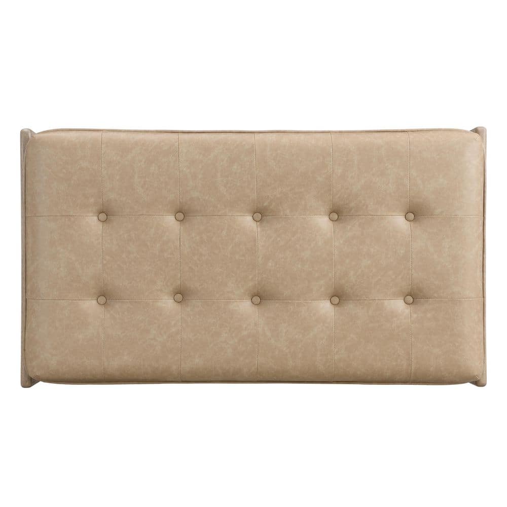 Taupe Brown Faux Leather Tufted Cocktail Ottoman with Rubberwood Base