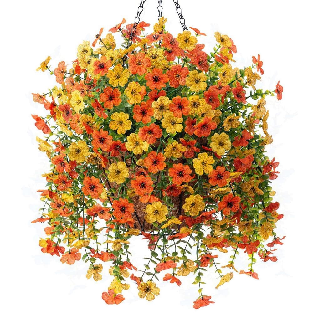 26 in. Yellow Orange Indoor/Outdoor Hanging Artificial Daisy