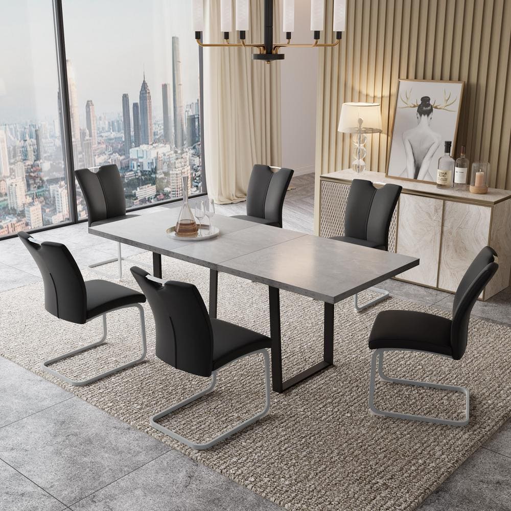 7-Piece Gray Rectangular Extendable Dining Table Set, Wooden Table with 6-Black Chairs -  GOJANE, ST000073LWYAAE