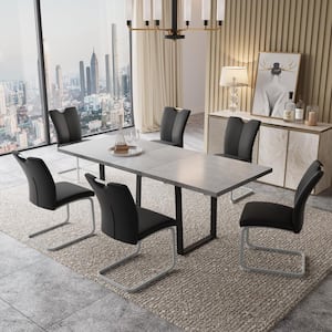 7-Piece Gray Rectangular Extendable Dining Table Set, Wooden Table with 6-Black Chairs