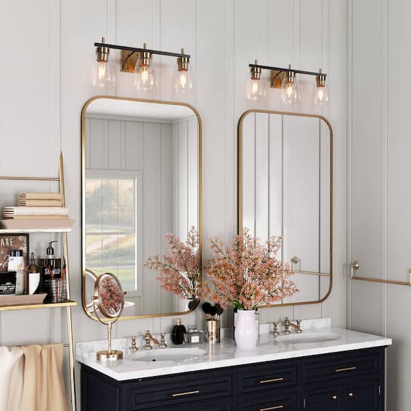 24 in 3-Light Transitional Bathroom Vanity Light Black and Brass Powder Room Wall Sconce Light with Seeded Glass Shades