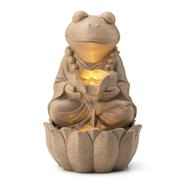 Glitzhome 21.75 in. H Outdoor 2-Tiered Zen-Style Frog Sand Beige Polyresin Water Floor Fountain with Pump and LED Light