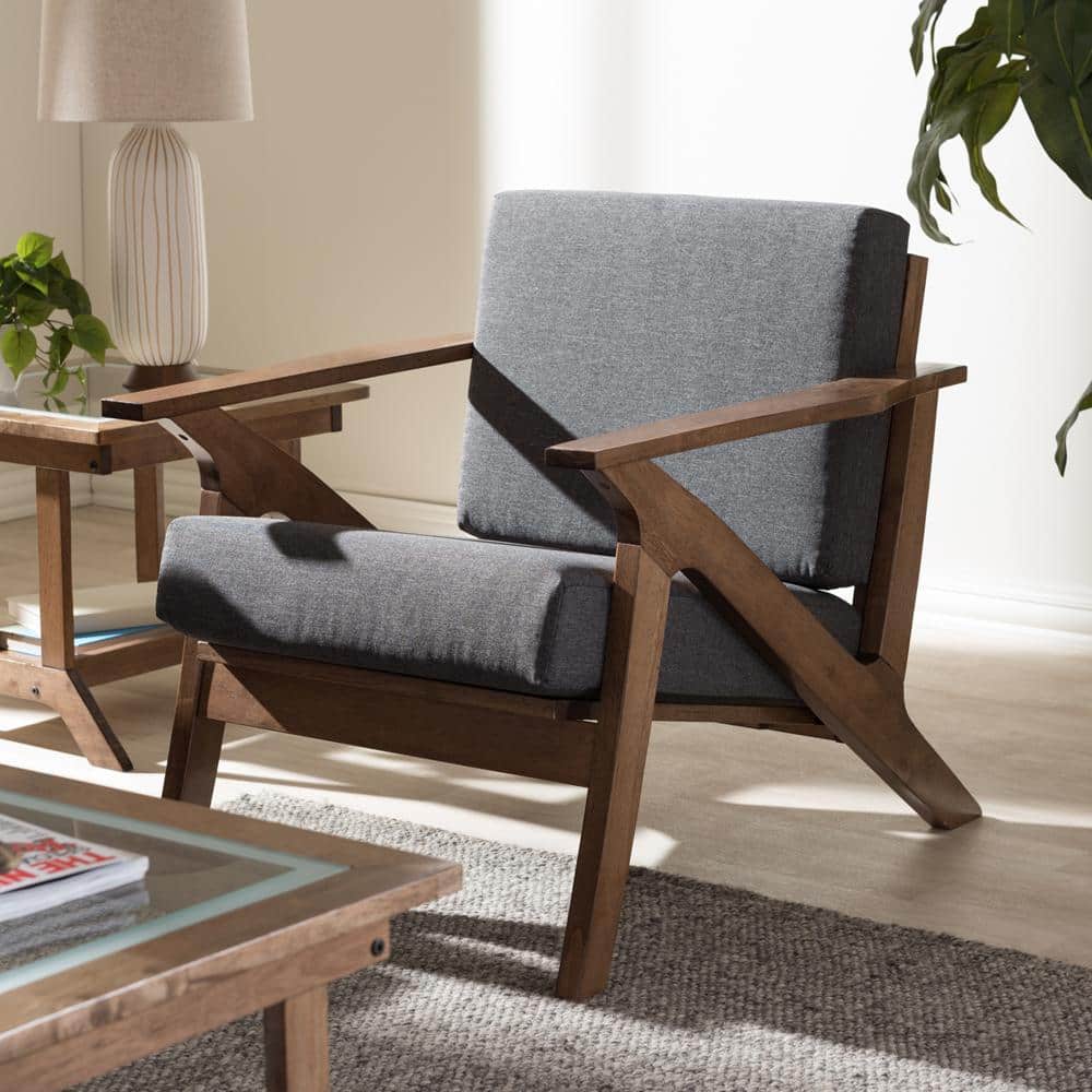 Sustainably Sourced Gray Leather and Wood Mid-Century Chaise