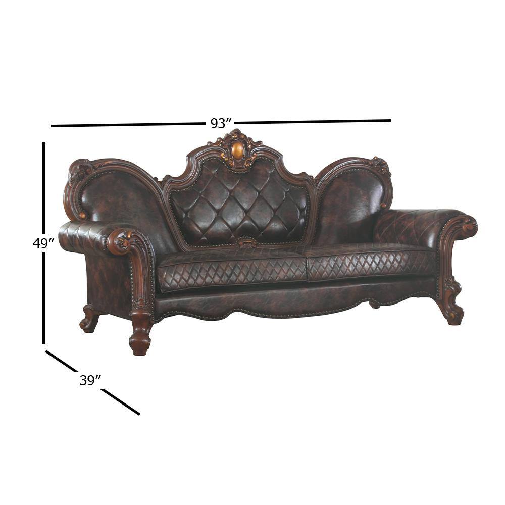 Vintage Cherry Oak Faux Leather Tufted Sofa with Nailhead Trim