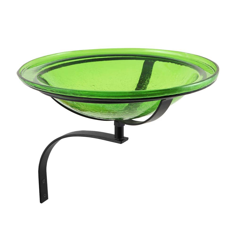 ACHLA DESIGNS 12.5 in. Dia Fern Green Reflective Crackle Glass Birdbath Bowl with Wall Mount Bracket