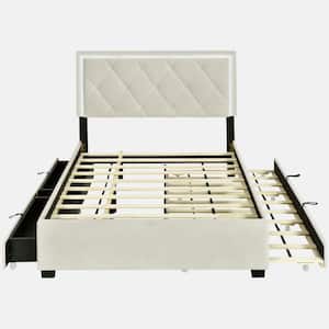 Beige Wood Frame Full Size Velvet Storage Platform Bed, with 2-Big Drawers, T Size Trundle, and LED Light