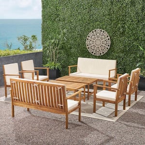 Luciano Brown Patina 8-Piece Wood Patio Conversation Seating Set with Cream Cushions