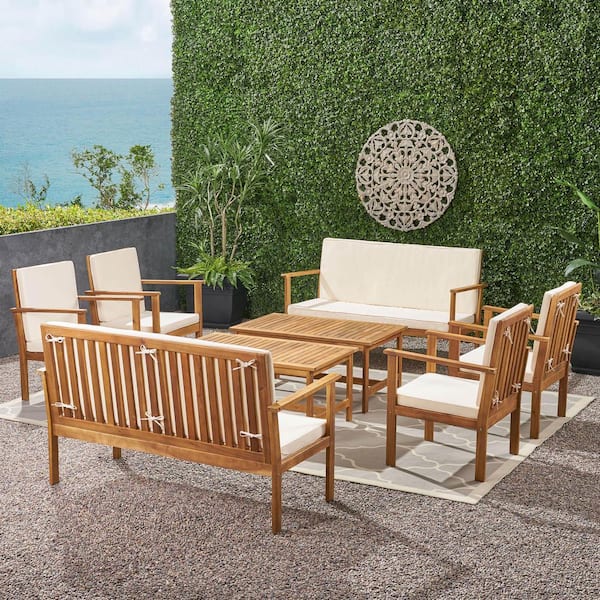 Noble House Luciano Brown Patina 8-Piece Wood Outdoor Patio Conversation Seating Set with Cream Cushions