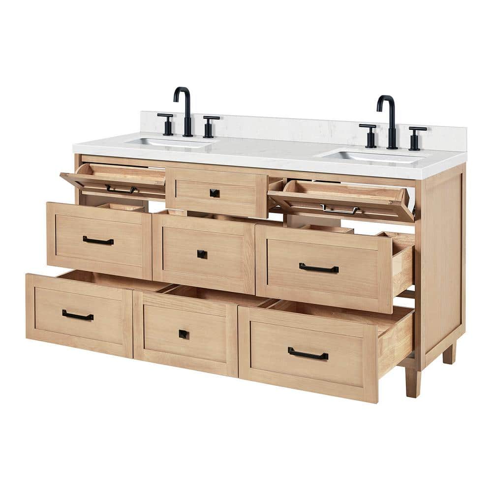 Monroe 66" Light Oak Double Sink Vanity with Carrara Quartz Top