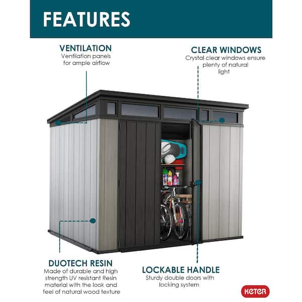 Keter Artisan 9 ft. W x 7 ft. D Grey Large Modern Durable Resin Plastic Storage Shed with Double Doors (64.9 sq. ft.) 237828 Keter Artisan 9 ft. W x 7 ft. D Grey Large Modern Durable Resin Plastic Storage Shed with Double Doors (64.9 sq. ft.) 237828