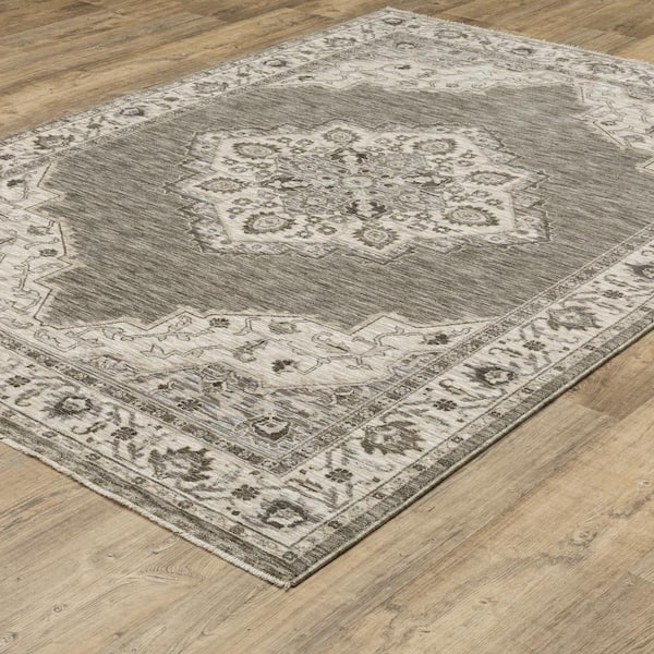 Channing Gray/Beige 10 ft. x 13 ft. Center Oriental Medallion Polyester Fringe Edge Indoor Area Rug