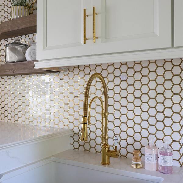 Jeffrey Court Karats White 10.625 in. x 11.125 in. x 8 mm Hexagon Natural Stone/Metal Wall and Floor Mosaic Tile