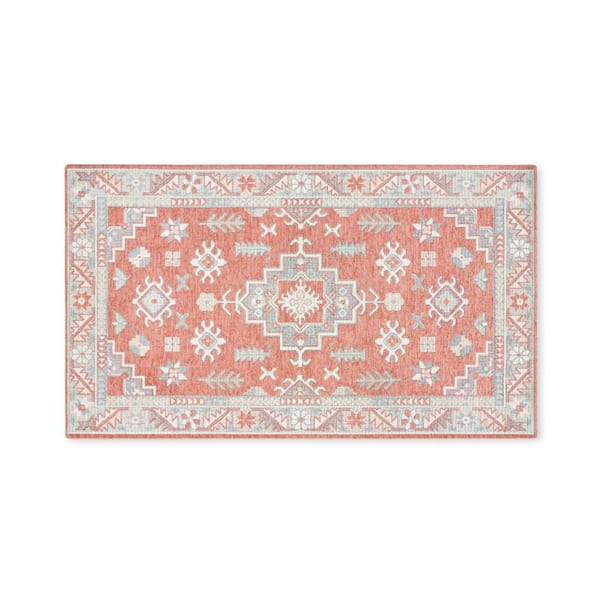 TOWN & COUNTRY LIVING Luxe Livie Forever Vintage Coral Grey 24 in. x 40 in. Machine Washable Kitchen Mat