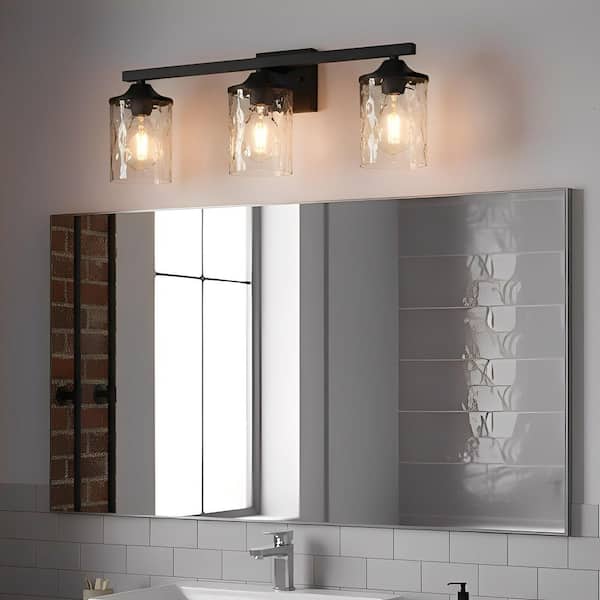 23.2 in. 3-Light Matte Black Linear Classic Modern Bathroom Vanity Light Wall Light with Clear Hammered Glass Shades