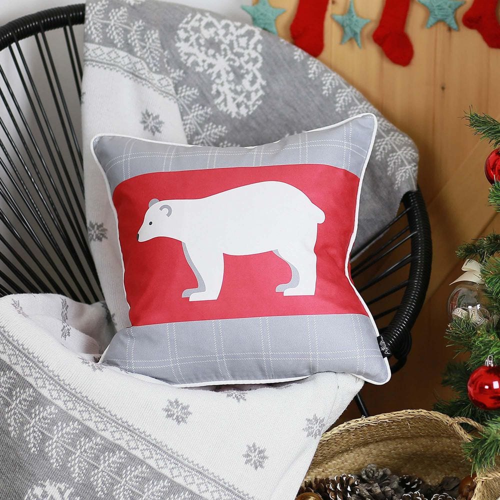 Mike&Co. New York Christmas Deer Decorative Single Throw Pillow 18 x 18 White & Red & Gray Square for Couch, Bedding