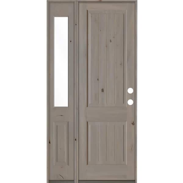 Krosswood Doors 44 in. x 96 in. Rustic Knotty Alder 2 Panel Left-Hand/Inswing Clear Glass Grey Stain Wood Prehung Front Door w/Sidelite
