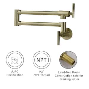 Farmhouse Double Handle Wall Mount Pot Filler with Solid Brass Instruction in Brushed Gold